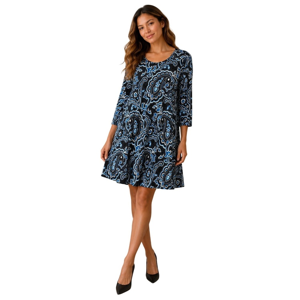 Enmain Paisley Print Dress‎ Women Small Blue Black Long Sleeve A-Line Mini